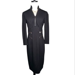 Vtg Y2K Cache Dress Mockneck Half Zip Zipper Pocket Fitted Rouched Cocktail